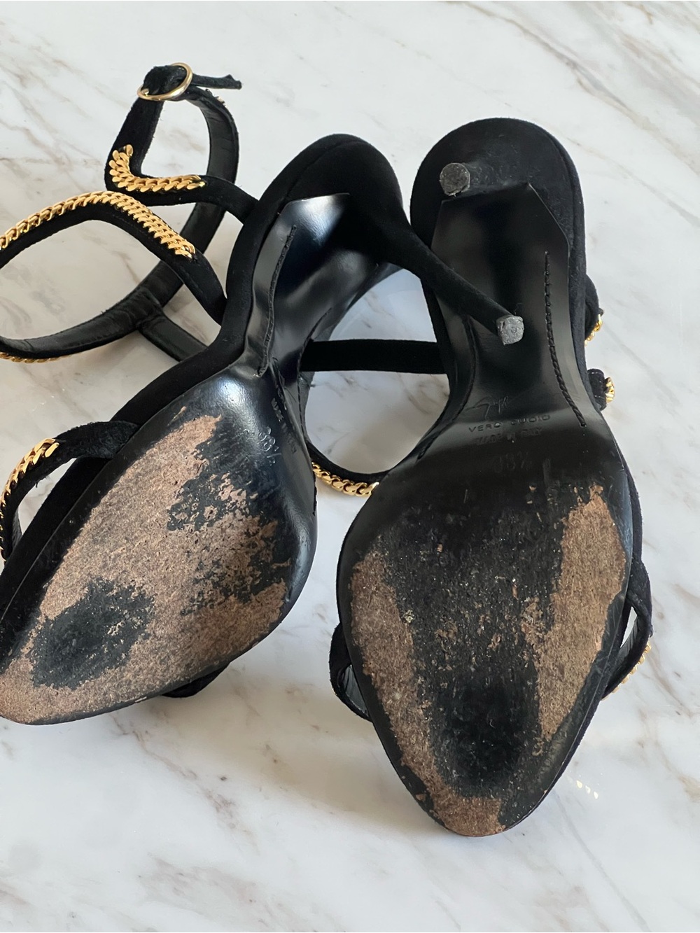 Giuseppe Zanotti Heels Black Suede Gold Chain Ankle Stiletto EU38.5 - Picture 4 of 8